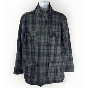 Ezekiel Men's XL Plaid Field Jacket‎ Black Gray Wool Blend Multi-Pocket Utility
